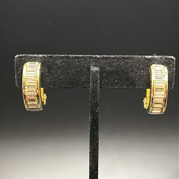 VTG Christian Dior Rhinestone Baguette Gold Half Hoops Clip Ons - Picture 1 of 12